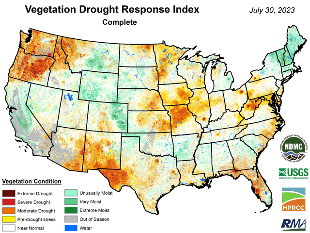 The Vegetation Drought Response Index (VegDRI) going into the last couple days of July showed plant health either in pre-drought or drought stages across most of the central U.S. (NDMC/USGS/HPRCC/RMA graphic)