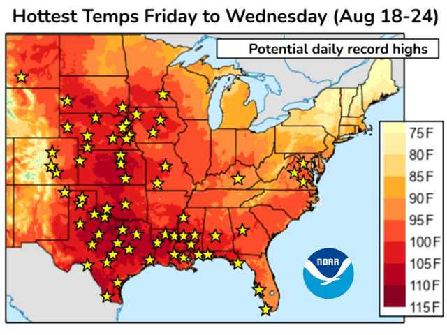 Widespread record high temperatures Aug. 18 through Aug. 24 are expected in the central, eastern and southern U.S., including 65 primary National Weather Service reporting stations. (NOAA graphic) 