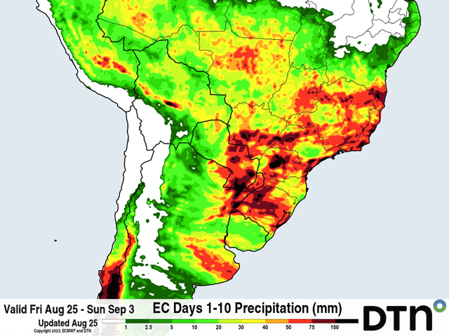 The forecast from the ECMWF model shows widespread heavy rain across the bulk of Brazil for the next 10 days. (DTN graphic)