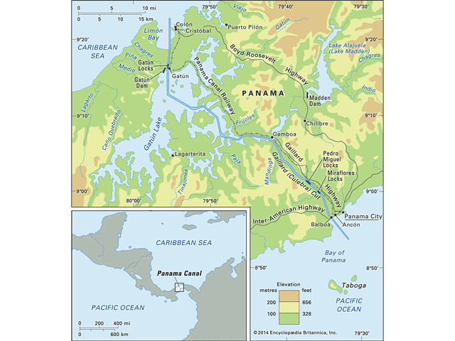 With the rainy season over now, the low water issues in the Panama Canal saw little relief. According to the Panama Canal Authority over the past five years, the average water level at Gatun Lake during November is 86.7 feet. The current depth is 81.6 feet and will likely fall again without any rain. (Map courtesy of Britannica)
