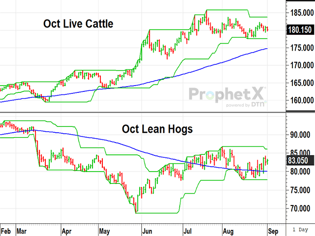The daily chart for October live cattle continues to show prices holding above both the 100-day average at $174.80 and above the August low of $177.62, while October hogs survived a recent test below their 100-day average and are holding firm (DTN ProphetX chart).