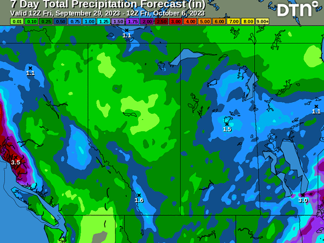 Rainfall continues to be possible through next week as fronts, systems, and disturbances continue to move through the Canadian Prairies. (DTN graphic)