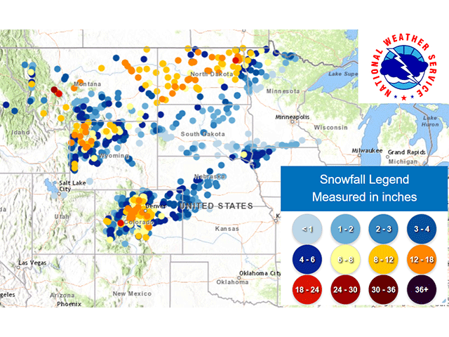 Bands of snow fell during the last week, reportedly heavy across the Northern Plains and Colorado where up to 12 inches fell. Snow elsewhere was light but will take some time to melt. (National Weather Service graphic)