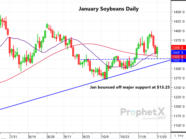 This is a daily chart of January soybeans, reflecting Monday&#039;s fall below the 20-day average and the subsequent 30-cent rally from there. (DTN ProphetX chart by Dana Mantini)