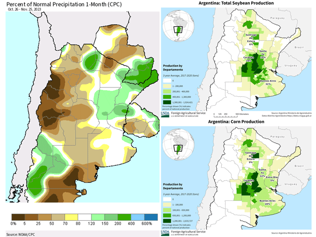 The last 30 days of rainfall have been overly beneficial for much of Argentina, being close to or above normal. Western areas have not been as lucky, but precipitation deficits are not currently affecting crop quality. Crop areas of corn and soybeans are shown for reference. (USDA graphics)