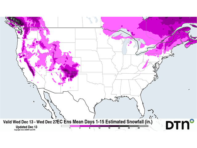 The snowfall forecast through Christmas from the European ECMWF suggests a low probability of a white Christmas outside of the southern High Plains and higher elevations in the West and Northeast. (DTN/ECMWF map)