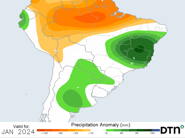 Though conditions in Brazil have been variable lately, the forecast for January looks mostly favorable. Good conditions in Argentina look to continue. (DTN graphic)