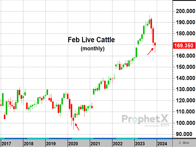 It is still early, but this monthly candlestick chart of February live cattle shows an early possibility of buying interest at the low end of December&#039;s trading range, similar to the buying interest seen at the start of the modern uptrend in April 2020. (DTN ProphetX chart by Todd Hultman)