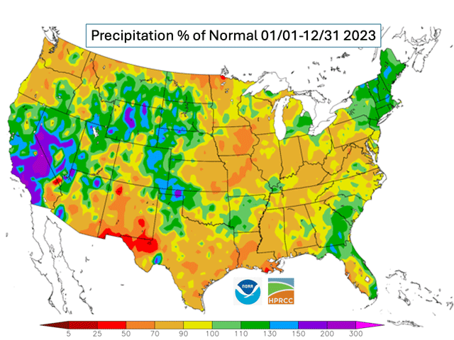 Total 2023 precipitation was below to much-below normal across the Midwest. Meanwhile, the western Plains saw precipitation totals of up to 150% of normal. (NOAA/HPRCC graphic)