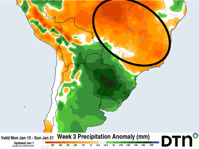 The forecast rainfall from the ECMWF model for the third week of January is particularly dry for central Brazil. (DTN graphic)
