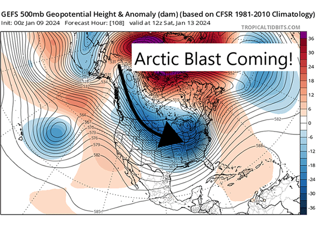 The polar vortex will visit Canada and the U.S. through next weekend, draining arctic air through much of Canada and the U.S. (Tropical Tidbits graphic)