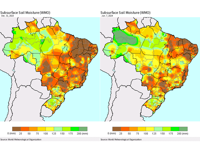 Better rainfall to start January has led to improvements in subsoil moisture across much of Brazil, but amounts are still inadequate for the coming safrinha corn season. (DTN graphic)