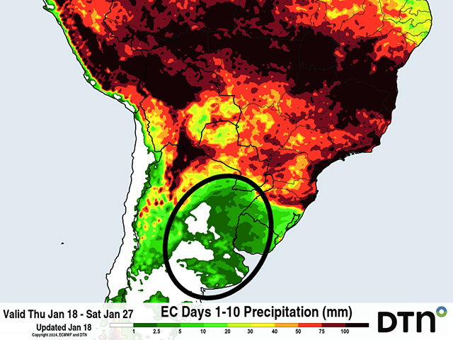 The rainfall forecast from the ECMWF model for the next 10 days shows little or no rainfall in most of Argentina&#039;s growing areas. (DTN graphic)