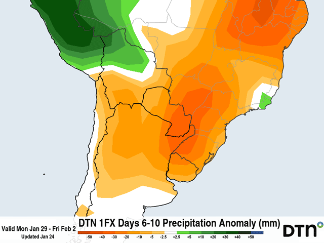 Precipitation from central Brazil into northern Argentina is forecast to be below normal during the end of January and through the first few days of February. (DTN graphic)