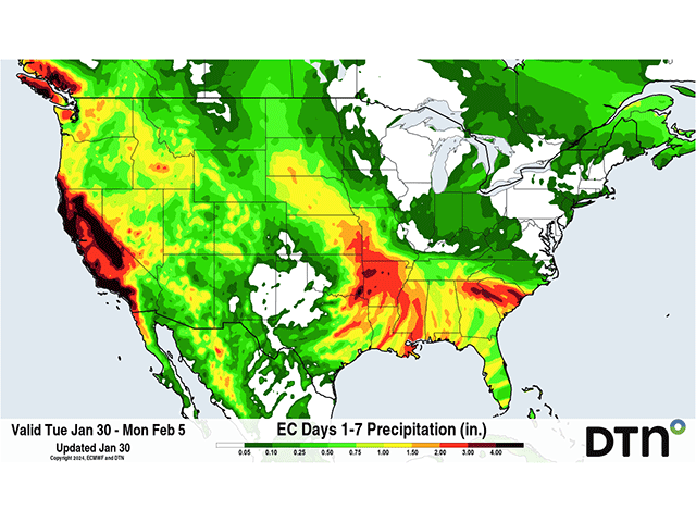 Heavy precipitation is expected in California due to an impending trough and atmospheric river which will spread heavy precipitation throughout much of the West, Plains, and Deep South. (DTN graphic)
