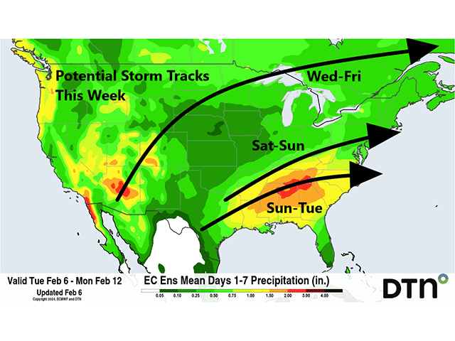 A trough in the West will send multiple storms and impulses of energy through the country during the next week. (DTN graphic)