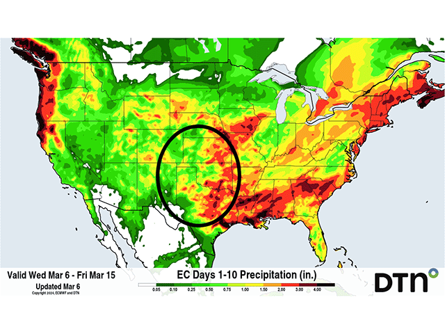 A system moving into the Central and Southern Plains Wednesday night and another later next week will add up to widespread precipitation that should help restore topsoil moisture. (DTN graphic)