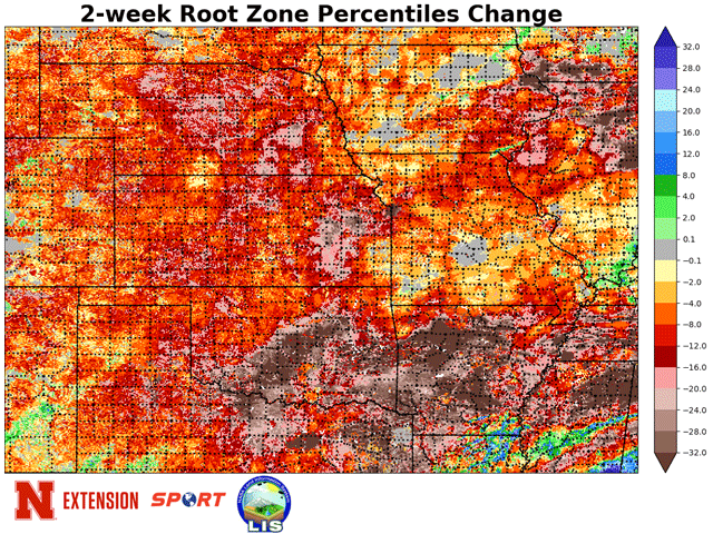 Moisture at crop root levels from the western and central Midwest through Central and Southern Plains and northern half of the Delta had either moderate or major declines in the last two weeks of February. (University of Nebraska Extension and NASA graphic)