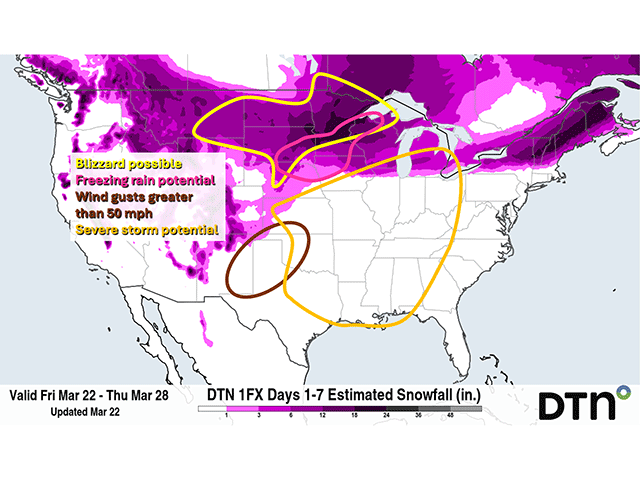 A big spring storm will bring various impacts to the middle of the country including heavy snow with blizzard conditions, some freezing rain, strong winds and severe storm potential. (DTN graphic)