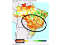 Soil moisture as of April 10, the latest image available, still paints most of Brazil with below-normal soil moisture. (USDA/CPC graphic)