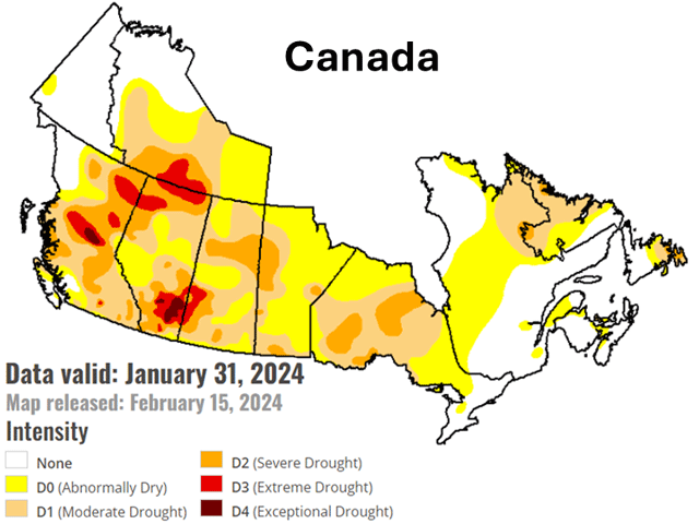 The North American Drought Monitor shows various levels of drought blanketing the Canadian Prairies which could be a problem come spring planting. (National Drought Mitigation Center graphic)