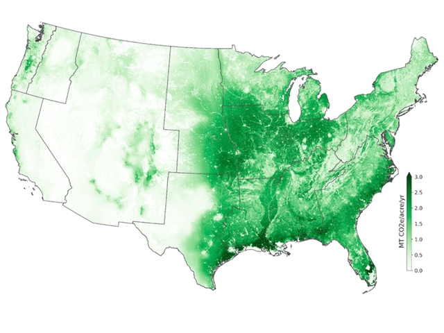 A map from a new climate report highlights total forest carbon sequestration potential in the contiguous United States. A report from the climate group America Is All In shows agriculture and forestry could reduce their emissions more than 70% by 2035, but it could take "enhanced ambition" to get there. (Image from Harnessing the Land Sector to Achieve U.S. Climate Goals report) 