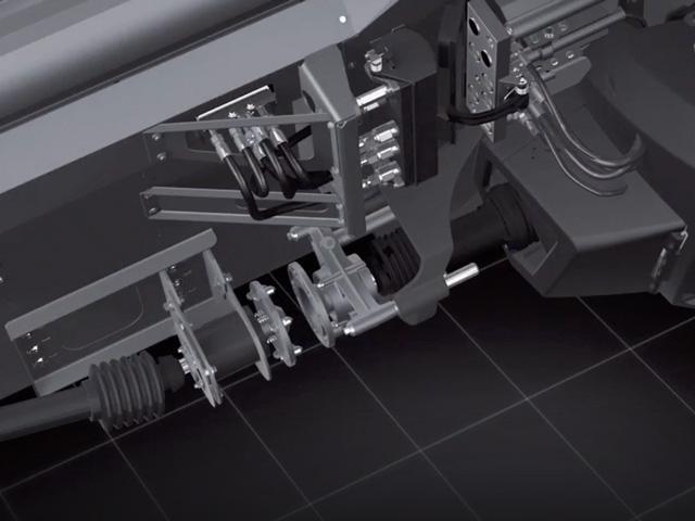 The image captured here from an animation shows how the header and combine are connected by the operator from the cab. (Photo courtesy of AGCO Corp.)