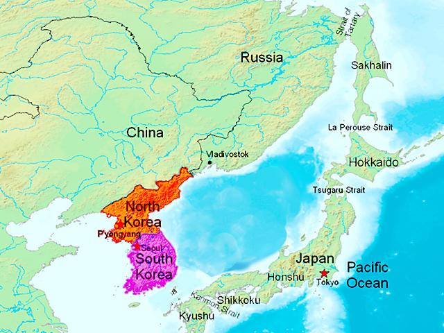 North Korea has nuclear weapons and long-range missiles and 71% of South Koreans want their country to have them, too. (Wikimedia Commons map)