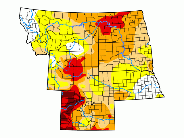 The most recent U.S. Northern Plains drought monitor shows the dire straits some spring wheat growers are in as drought persists in North Dakota, western South Dakota and eastern Montana, and may hamper spring wheat planting and more. (USDA/NDMC/NOAA graphic)