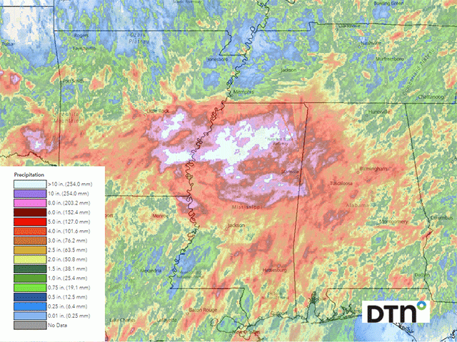 Heavy rain fell across the Delta region this past week. Some areas of Arkansas and Mississippi received over 10 inches. (DTN graphic)