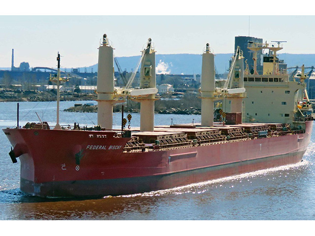 Federal Biscay, a 656-foot bulk carrier owned by Montreal-based Fednav, will earn the first ship distinction of 2021 in Duluth, Minnesota, completing the season&#039;s first full transit of the St. Lawrence Seaway en route to the Great Lakes&#039; westernmost port, Duluth-Superior Harbor. (Photo by Duluth Shipping News)