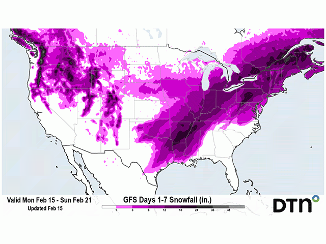 Snowfall of more than 6 inches in much of the eastern Midwest and Delta stands to put some moisture in the soil profile before spring. (DTN graphic)