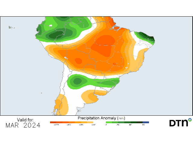 The March forecast from DTN is calling for lower-than-normal rainfall for most of Brazil&#039;s safrinha corn areas. (DTN graphic)