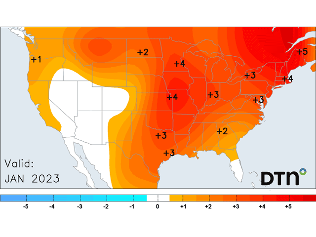 Much of the country is forecast to be above normal on average for January. (DTN graphic)