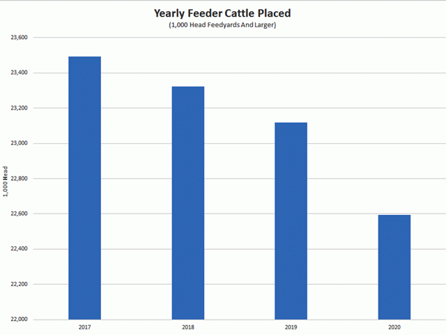 Following Friday&#039;s cattle placement report, 22.5 million head have been placed in feedlots the last 12 months. This leaves about 1/2 million head of calves unaccounted for throughout the country going into 2021. (Chart by Rick Kment)