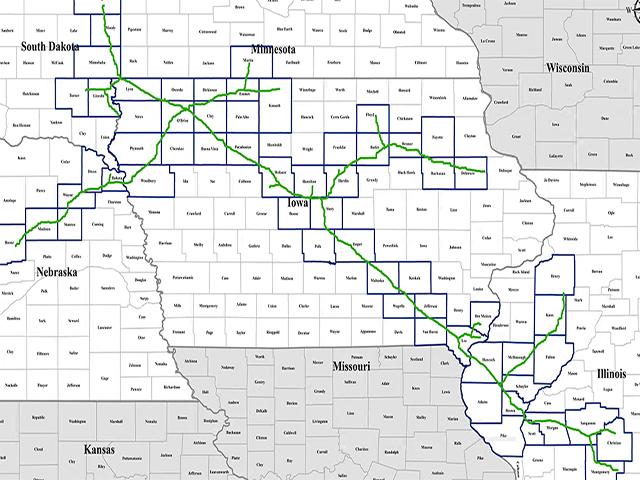 The map for the $3.5 billion Navigator CO2 Ventures pipeline, which the company has now put on hold following permit problems in South Dakota, Illinois and Iowa. (Map courtesy of Navigator) 