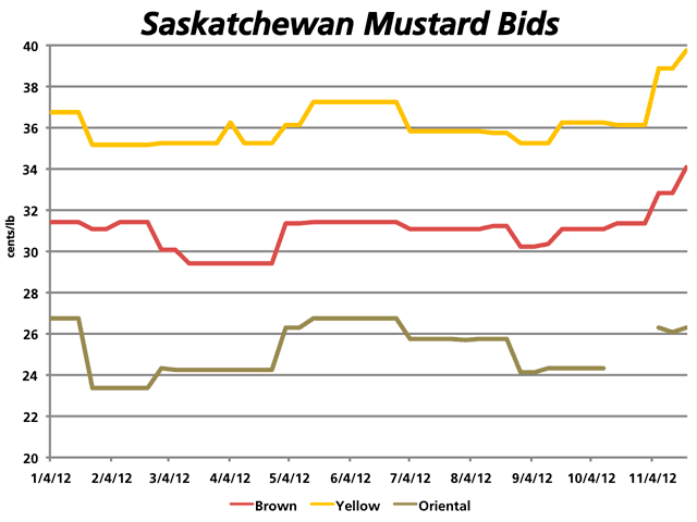 This chart indicates mustard prices delivered to Saskatchewan plants up to November 21. While trading relatively flat during the calendar year, mustard prices have shown a sharp increase in recent weeks. (DTN graphic by Nick Scalise)