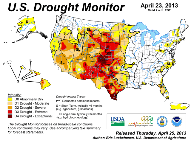 The southeast half of Iowa is now drought-free, and southeast Nebraska is close to that category after generous April precipitation. (Chart courtesy of USDA)  