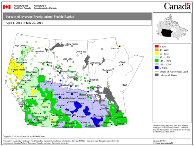 Agriculture and Agri-Food Canada indicates the percent of average precipitation received across the prairies since April 1, reflecting the moisture received until June 29. A large portion of Saskatchewan and Manitoba have received 150% to 200% of average moisture levels, as seen in the grey areas. The hardest hit areas, shown by dark blue coloring, have received greater than 200% of average moisture. (DTN graphic by Nick Scalise)