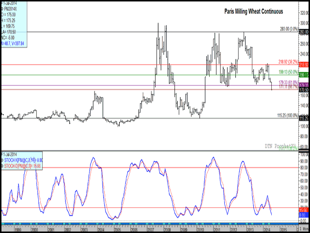 The continuous monthly chart for the Paris Liffe Milling Wheat market closed EUR 15.25 lower this month to end at the lowest levels seen since July 2010. The monthly close is just below the support of the two-thirds retracement of the move from the March 2010 low to the October 2012 high. Like U.S. wheat markets, the second study shows this market over-sold while the trend remains lower. (DTN graphic by Nick Scalise)