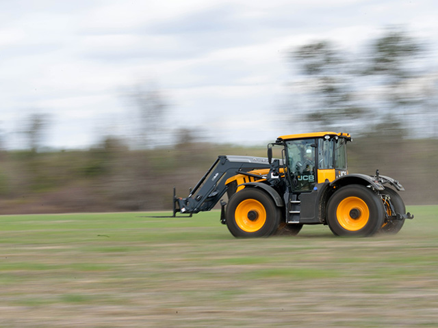 JCB&#039;s new 4000 Series tractors (like the one shown here) will do 38 mph. Its older cousin the 3230 XTRA will hit 50 mph on the road. (DTN/The Progressive Farmer photo by Jim Patrico)