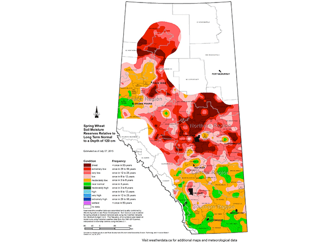 An Alberta County to the west of Edmonton has declared a state of agricultural disaster due to a lack of precipitation. The driest areas on this Alberta Agriculture map, indicated by the darkest red shading, have seen soil moisture reserves fall to a level experienced just once in 50 years, while the next driest area, as indicated by the bright-red shading is an event faced once in 25 to 50 years. (DTN graphic by Nick Scalise)