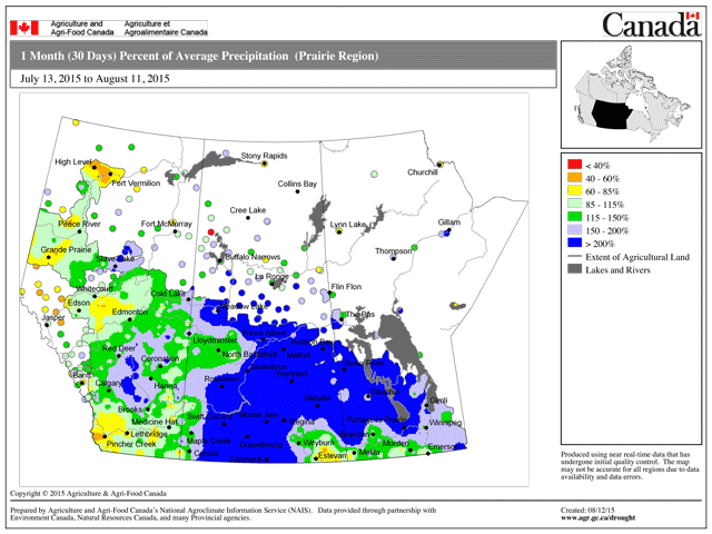 Percent of 30-day average precipitation for the Prairies that occurred between July 13 to August 11 shows some areas have received more than 200% higher than normal. (Photo courtesy of Agriculture and Agri-Food Canada.