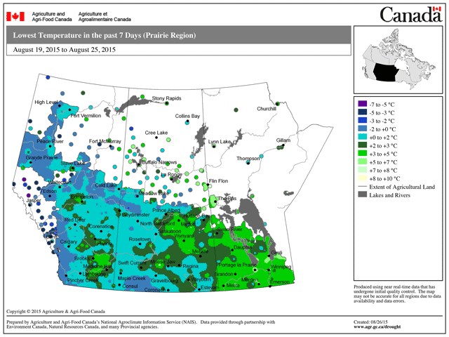 Map of the lowest temperatures in the Prairies from Aug. 19 to Aug. 25 shows some of the areas that received frost last week. (Graphic courtesy of Agriculture and Agri-Food Canada)