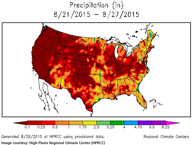 Total precipitation for the August 21-27 week was zero in well over half the contiguous U.S. (HPRCC graphic)  