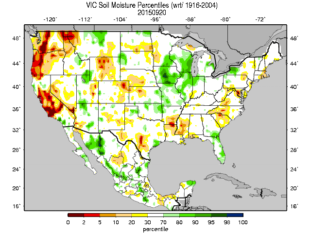 In non-irrigated, row-crop production areas, the primary yield-maker states in the central Midwest remain well-supplied on soil moisture to end the 2015 season. (NIDIS graphic) 