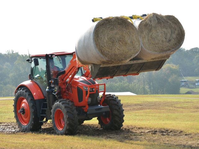 Kubota showed off the working power of its mid-range M7 tractors at a recent dealer meeting near Atlanta. But the company had to tell dealers delivery of the tractors would be delayed until early next year to fix minor problems. (DTN/The Progressive Farmer photo by Jim Patrico)
