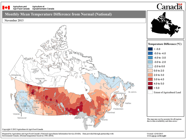 Monthly mean temperatures differed from normal by several degrees for November. (Graphic courtesy of Agriculture and Agri-Food Canada) 