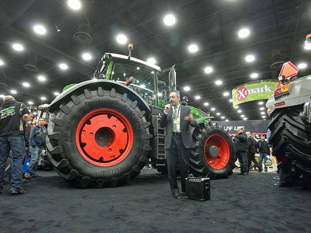 The new 1000 Vario tractors from Fendt made their debut at the National Farm Machinery Show in Louisville. Doing the introductions was Josh Keeney, tactical marketing manager for Fendt. (DTN/The Progressive Farmer photo by Jim Patrico)