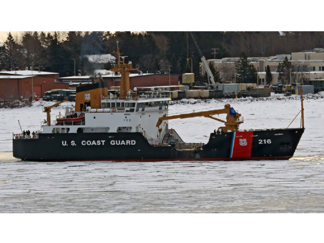 U.S. Coast Guard cutter Alder arrived in the Duluth harbor two weeks ago and will begin her spring ritual of breaking ice on March 7. (Photo courtesy of Ken Newhams, Duluth Shipping News)
